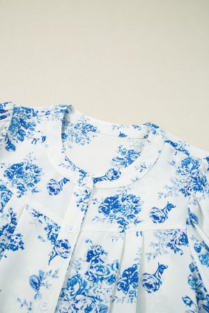 Floral Tiered Puff Short Sleeve Pleated Bust Buttoned Casual Shirt