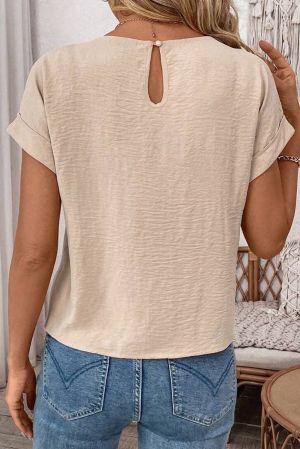  Beige Knot Front Short Sleeve Blouse