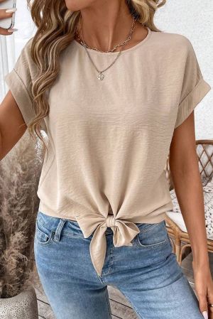  Beige Knot Front Short Sleeve Blouse