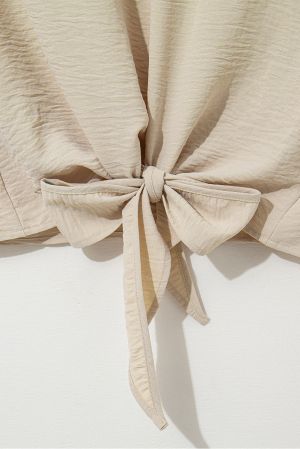  Beige Knot Front Short Sleeve Blouse