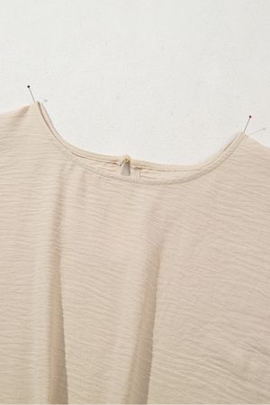  Beige Knot Front Short Sleeve Blouse