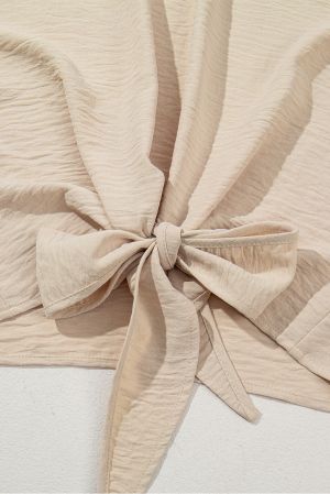  Beige Knot Front Short Sleeve Blouse