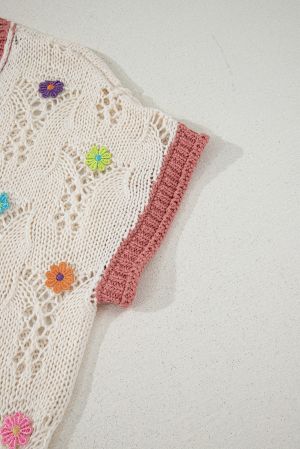 Embroidered Flowers Colorblock Edge Hollowed Sweater