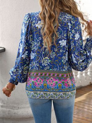 Blue Floral Boho Tassel Blouse