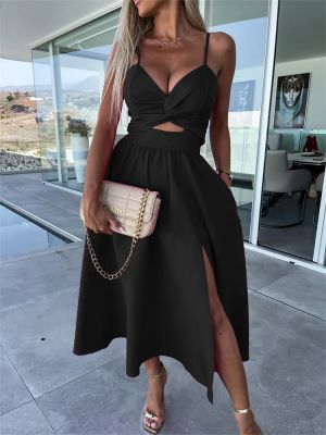 Black Elegant Cutout Midi Dress with Slit