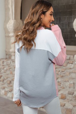 Dusty Pink Color Block/Pure Color Patch Pocket Shirt