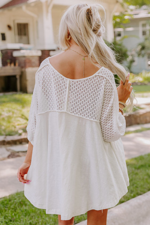 White Eyelet Patchwork V-Neck Oversized Blouse with Asymmetric Hem