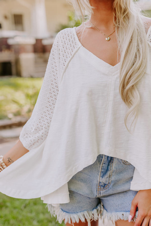 White Eyelet Patchwork V-Neck Oversized Blouse with Asymmetric Hem