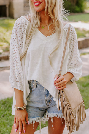 White Eyelet Patchwork V-Neck Oversized Blouse with Asymmetric Hem