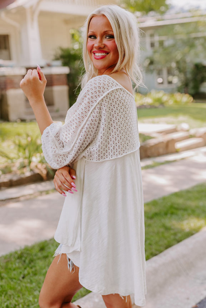 White Eyelet Patchwork V-Neck Oversized Blouse with Asymmetric Hem