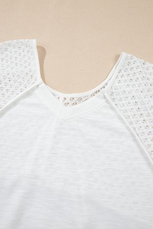 White Eyelet Patchwork V-Neck Oversized Blouse with Asymmetric Hem