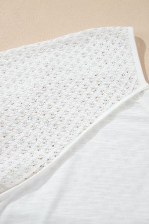 White Eyelet Patchwork V-Neck Oversized Blouse with Asymmetric Hem
