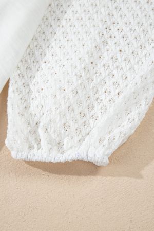 White Eyelet Patchwork V-Neck Oversized Blouse with Asymmetric Hem