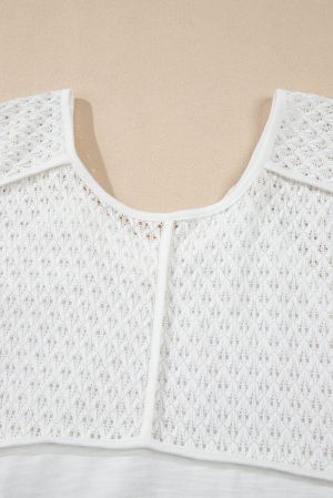 White Eyelet Patchwork V-Neck Oversized Blouse with Asymmetric Hem
