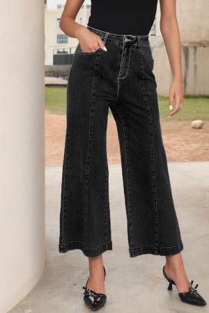 Black Plain Seam Detail Flared Bottom Ankle Length Jeans