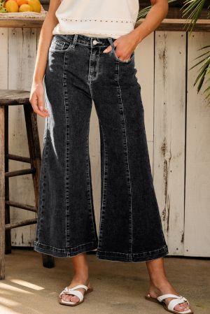Black Plain Seam Detail Flared Bottom Ankle Length Jeans