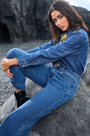 Dark Blue Plain Seam Detail Flared Bottom Ankle Length Jeans