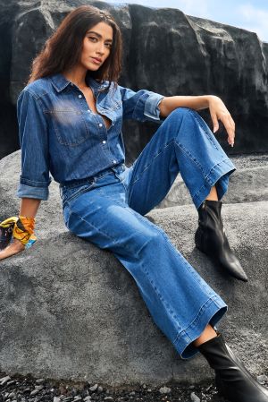 Dark Blue Plain Seam Detail Flared Bottom Ankle Length Jeans