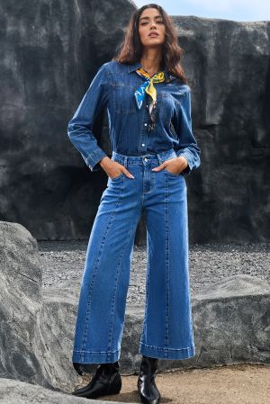 Dark Blue Plain Seam Detail Flared Bottom Ankle Length Jeans