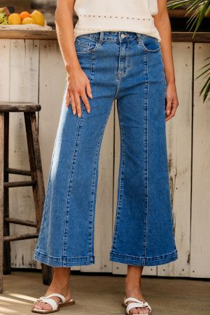 Dark Blue Plain Seam Detail Flared Bottom Ankle Length Jeans