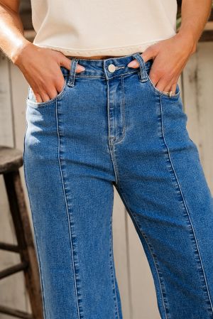 Dark Blue Plain Seam Detail Flared Bottom Ankle Length Jeans