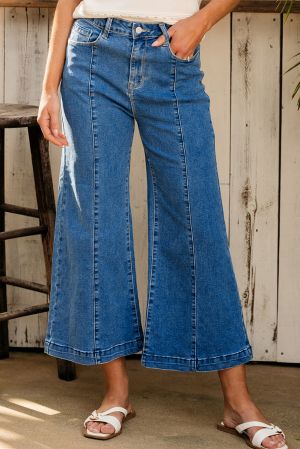 Dark Blue Plain Seam Detail Flared Bottom Ankle Length Jeans