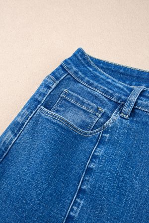 Dark Blue Plain Seam Detail Flared Bottom Ankle Length Jeans