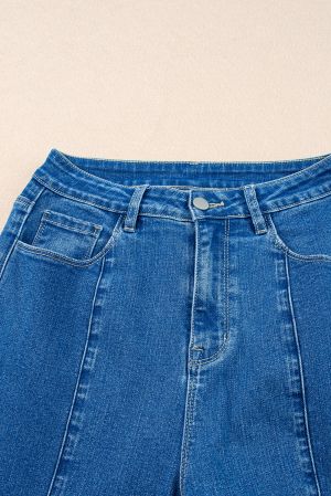 Dark Blue Plain Seam Detail Flared Bottom Ankle Length Jeans