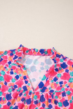 Rose Red Abstract Print Ruffled Sleeve V Neck Blouse