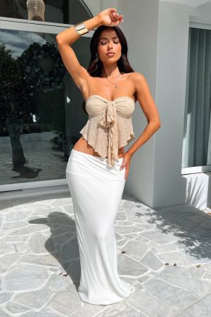Beige Tie-Front Bustier Crop Top