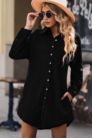 Black Shirt-Style Dress with Long Sleeves and Buttons