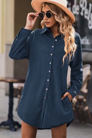 Blue Shirt-Style Dress with Long Sleeves and Buttons
