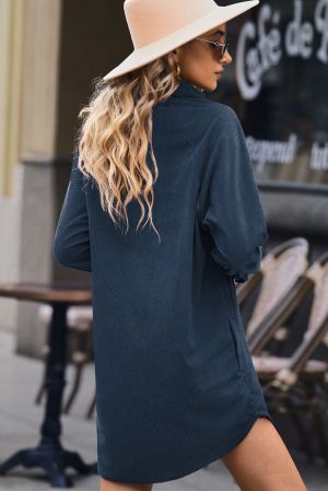 Blue Shirt-Style Dress with Long Sleeves and Buttons