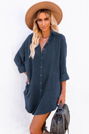 Blue Shirt-Style Dress with Long Sleeves and Buttons