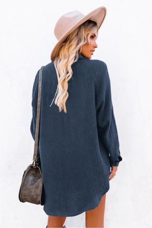 Blue Shirt-Style Dress with Long Sleeves and Buttons