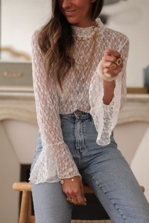 White Sheer Lace Blouse with Bell Sleeves