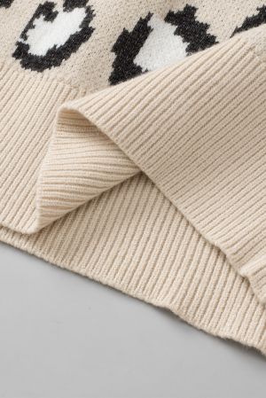 Khaki Leopard Patchwork Knitted Puff Sleeve Sweater