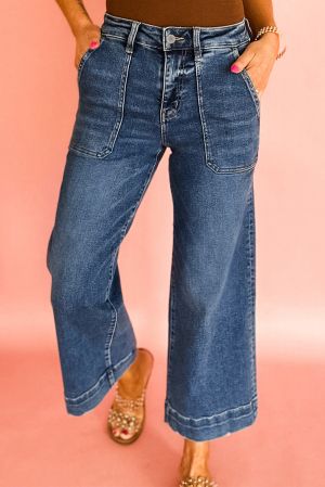 High Waist Wide Leg Denim Jeans with Front Pockets