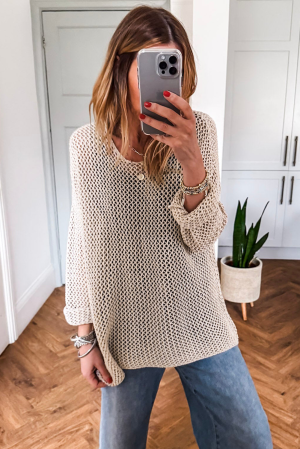 Beige Crochet Hollow-out Jumper Top Sweater