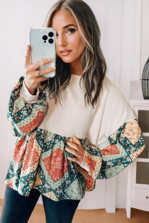 Paisley Geometric Patchwork Crew Neck Loose Fit Top