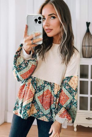 Paisley Geometric Patchwork Crew Neck Loose Fit Top