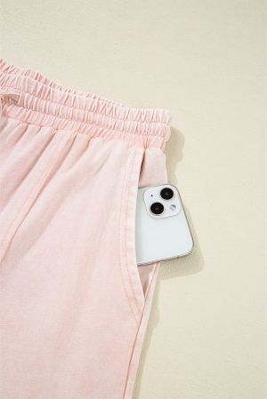 Pink Flower Patch Mineral Washed Terry Knit Cropped Wide Leg Pants