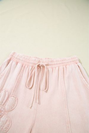 Pink Flower Patch Mineral Washed Terry Knit Cropped Wide Leg Pants