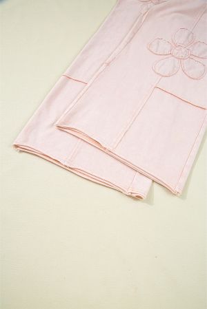 Pink Flower Patch Mineral Washed Terry Knit Cropped Wide Leg Pants