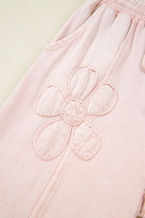 Pink Flower Patch Mineral Washed Terry Knit Cropped Wide Leg Pants