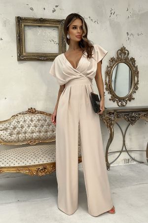 Elegant Beige Jumpsuit with Draped Neckline