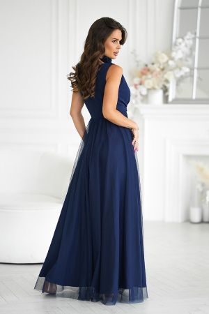 Long Dark Blue Dress with Decorative Rose Belt and Airy Skirt