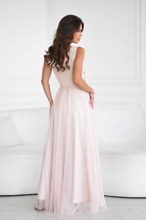 Long Beige Dress with Decorative Rose Belt and Airy Skirt