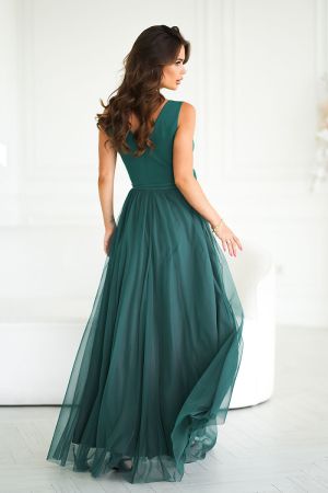 Long Dark Green Dress with Decorative Rose Belt and Airy Skirt