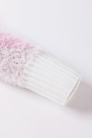 Pink Heart Leopard Print Pearled Ribbed Trim Fuzzy Sweater
